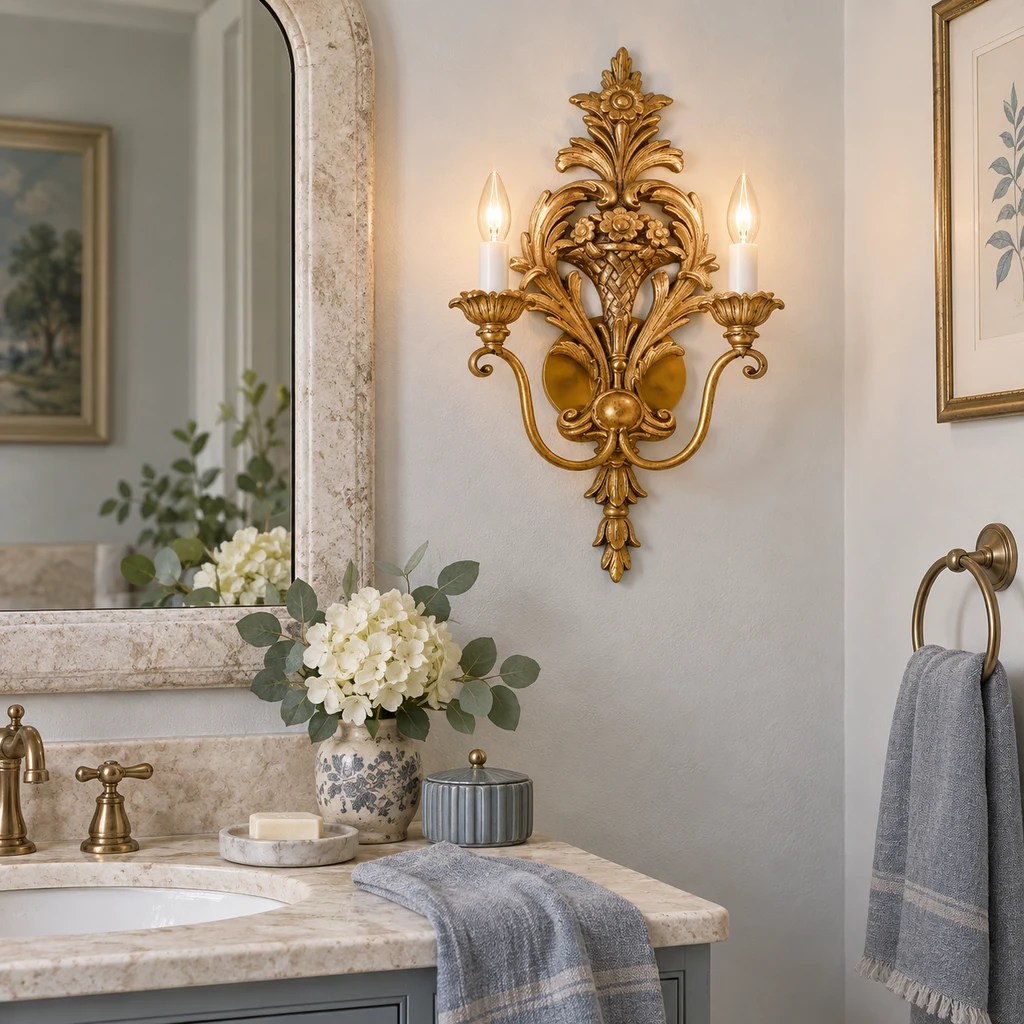 Amelie wall sconce beside a powder room mirror