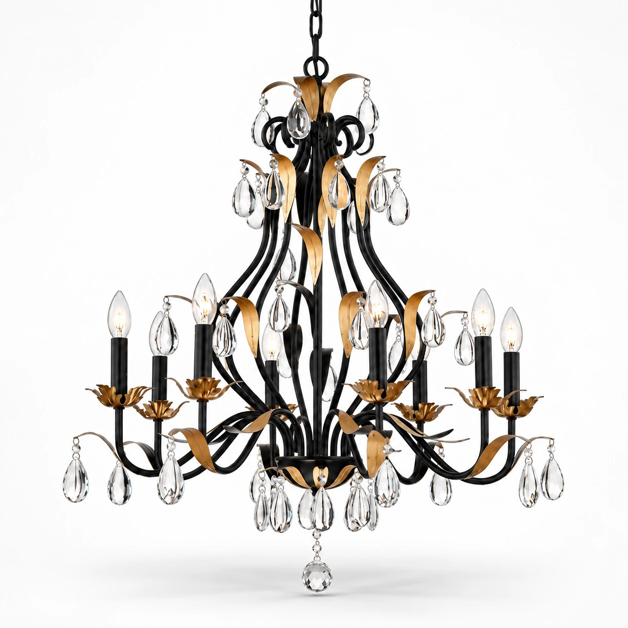 Three-quarter view of a vintage black and gold crystal chandelier