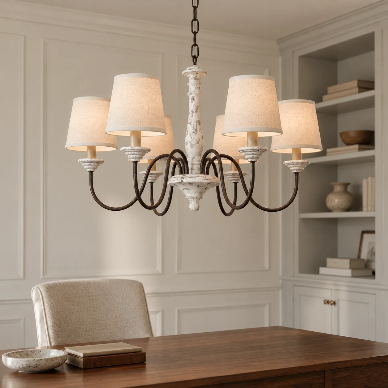 Distressed-white six-light linen chandelier installed in a home library