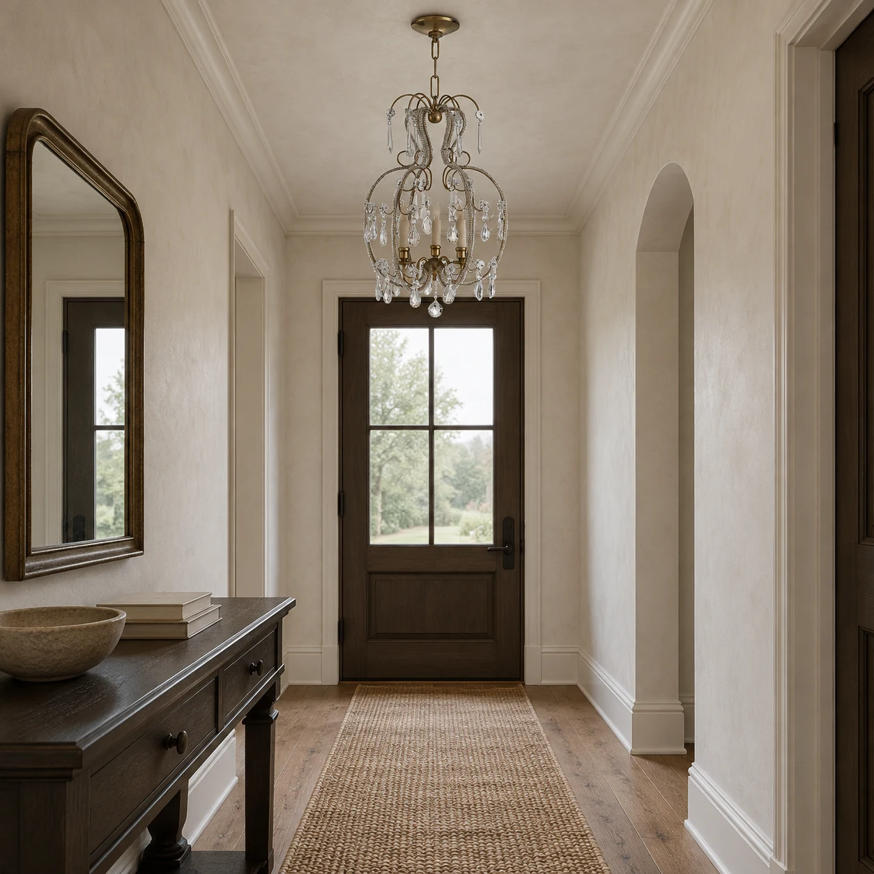 Small rust-brown crystal chandelier in an entryway