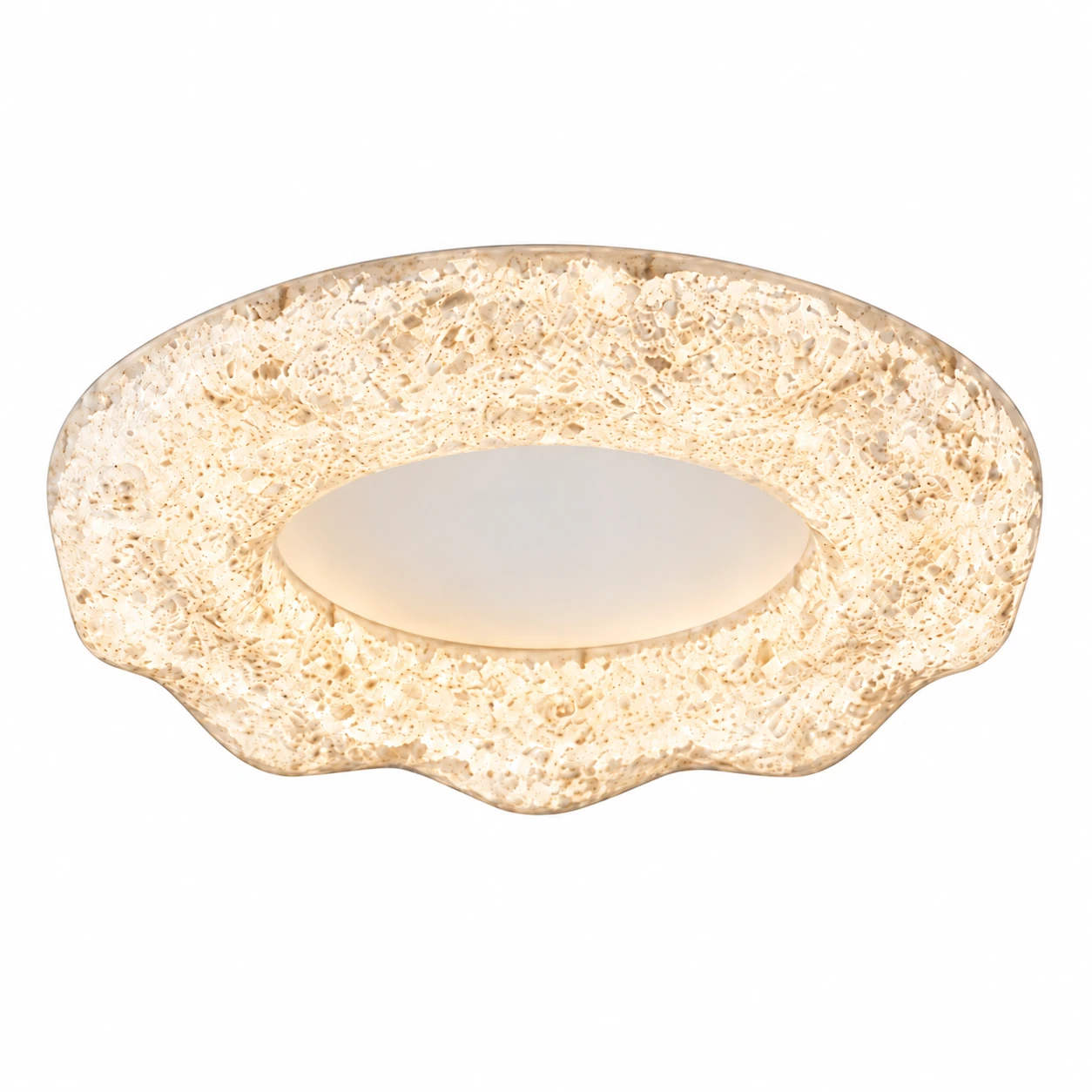Clara sand white sculpted resin flush mount ceiling light on a white background