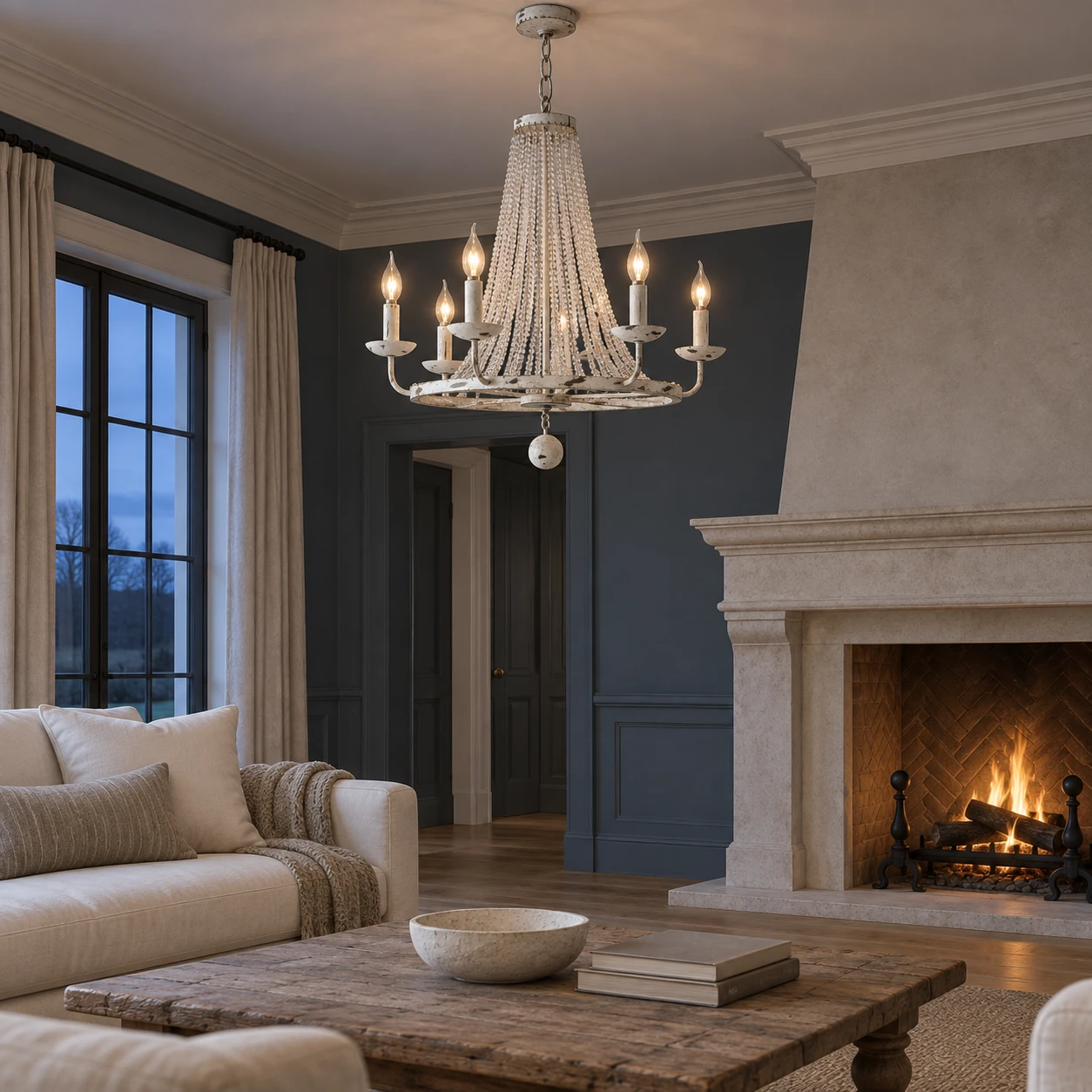 6-light French country crystal bead chandelier in a living room at dusk