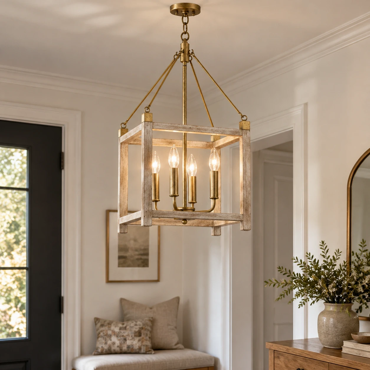 Milo American Rustic Four-Light Iron and Wood Chandelier above a quiet entry corner