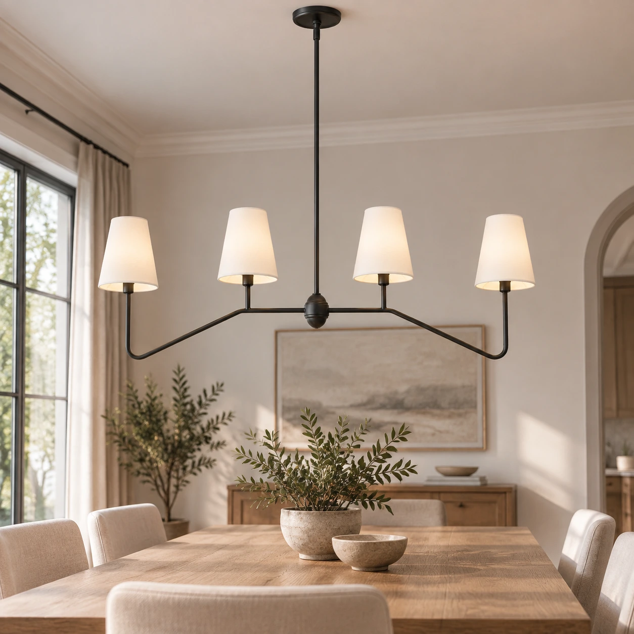 Four-light linear chandelier White Shades scene