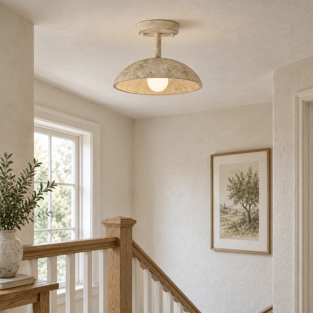 Clara vintage textured resin flush mount ceiling light at a stair landing