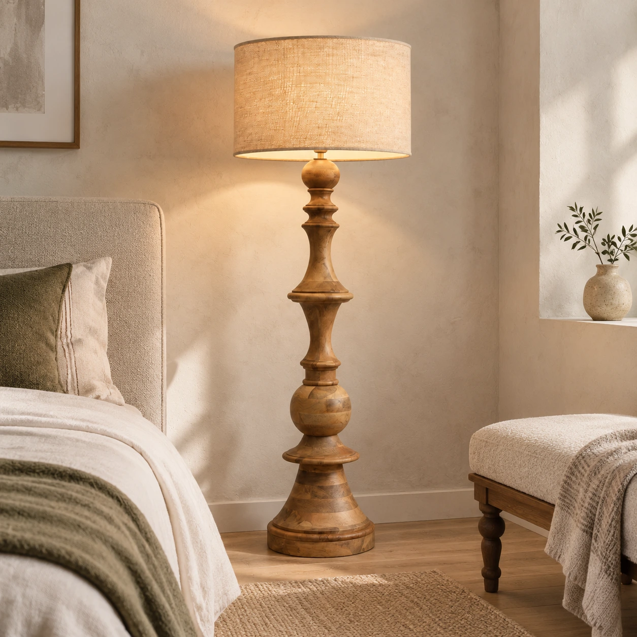Mara American Rustic Sculpted Wood Floor Lamp — 05 scene bedroom