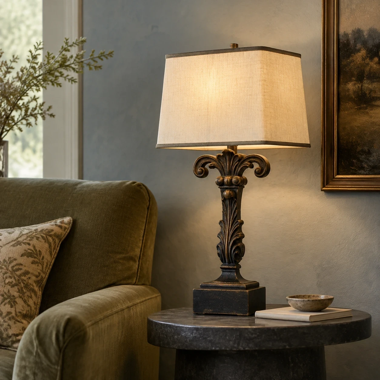 Rothbury ornate table lamp in a cool blue-gray hospitality corner