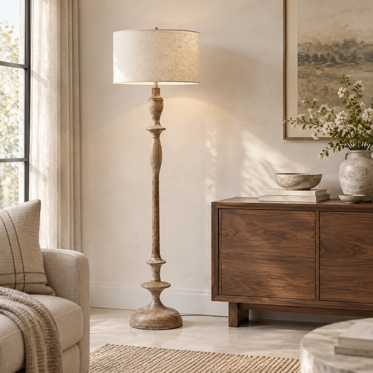 Camille French country turned-wood floor lamp in a collected living room