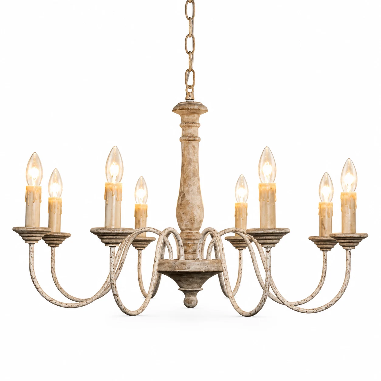 A · 8 Lights · Natural Wood · Open Candle wood chandelier on a white background