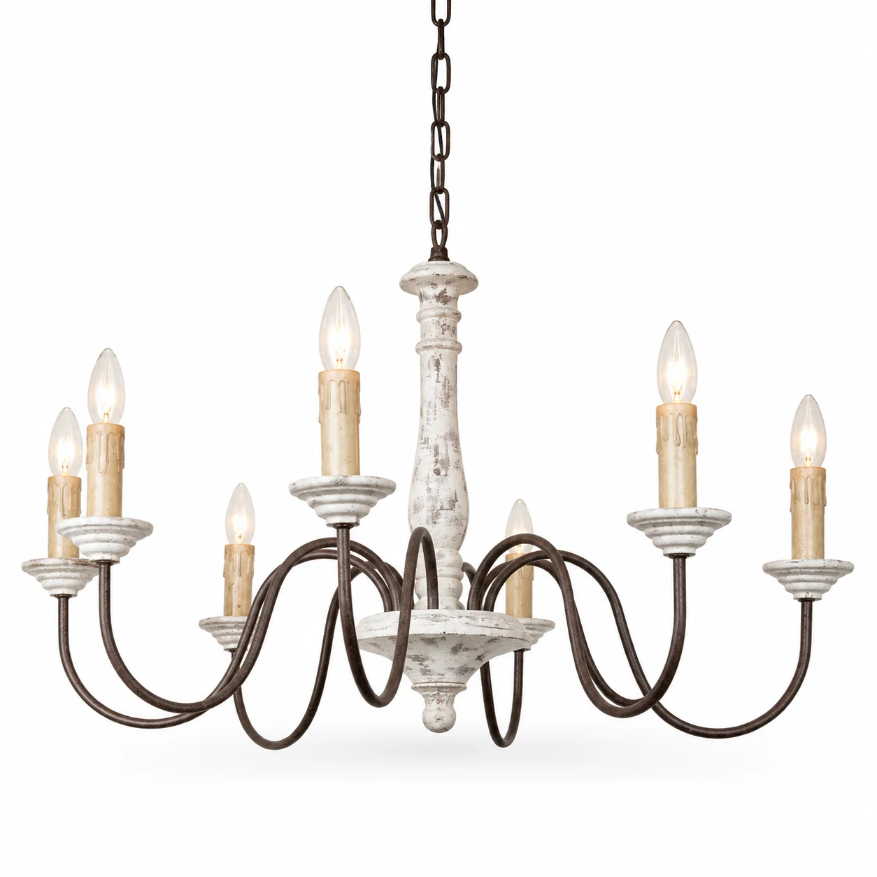 A · 6 Lights · Distressed White · Open Candle wood chandelier on a white background