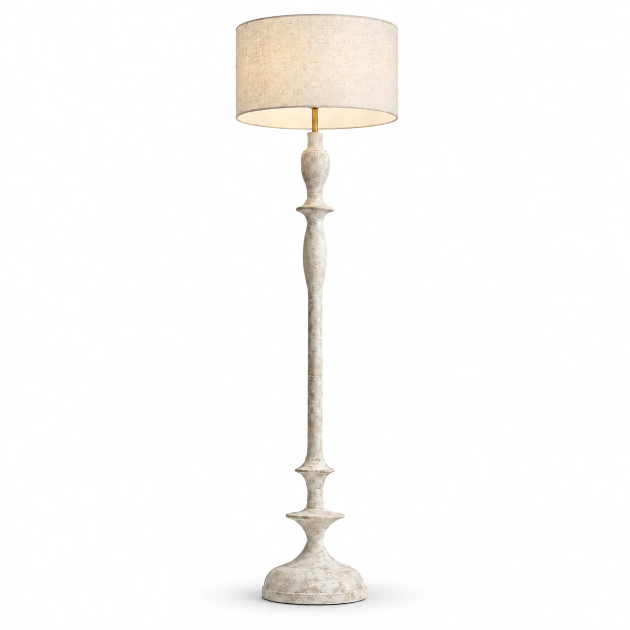 Camille vintage-white turned-wood linen floor lamp on a white background