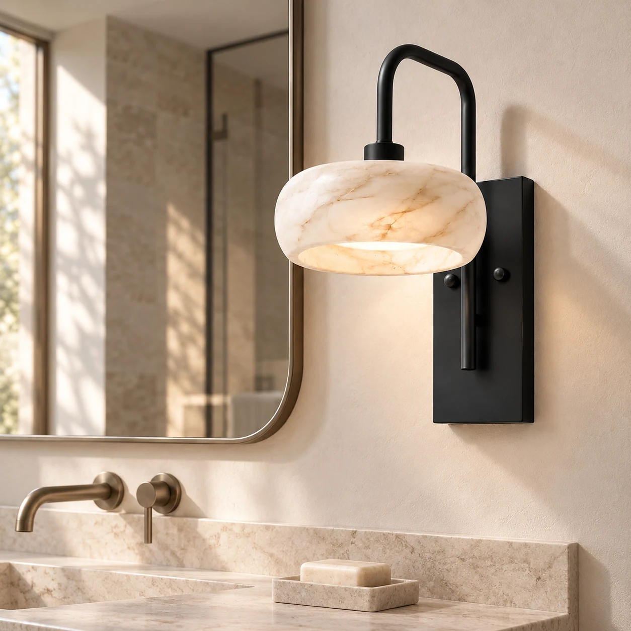 Maelle alabaster wall lamp beside a bathroom mirror