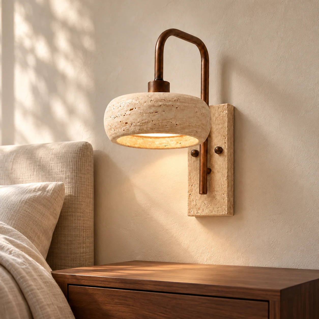 Maelle travertine wall lamp mounted beside a warm modern bed