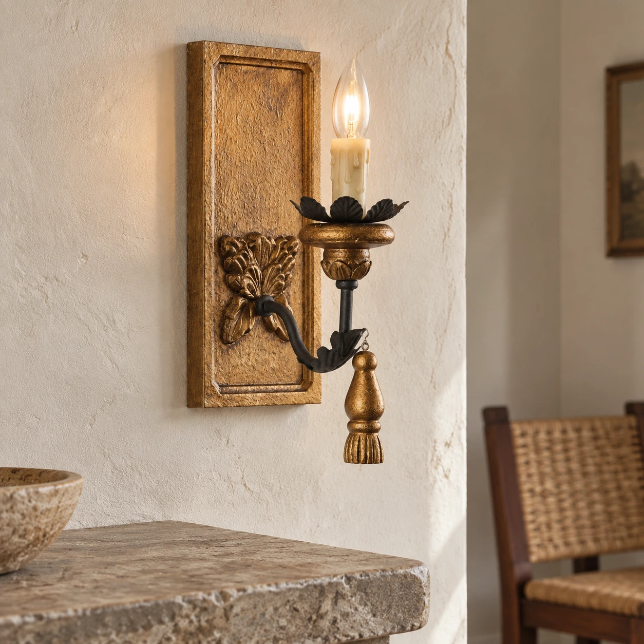 Elena Vintage Carved Wood Wall Sconce — 05 scene hall