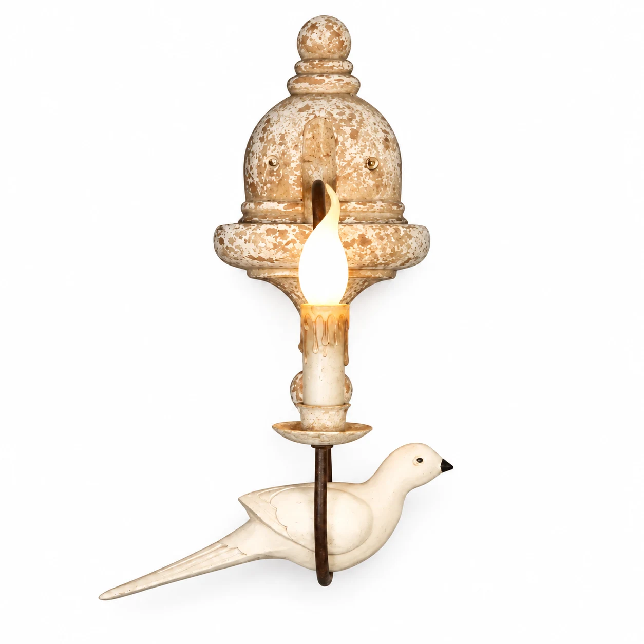 Mara single-head carved wood and iron bird wall light on white