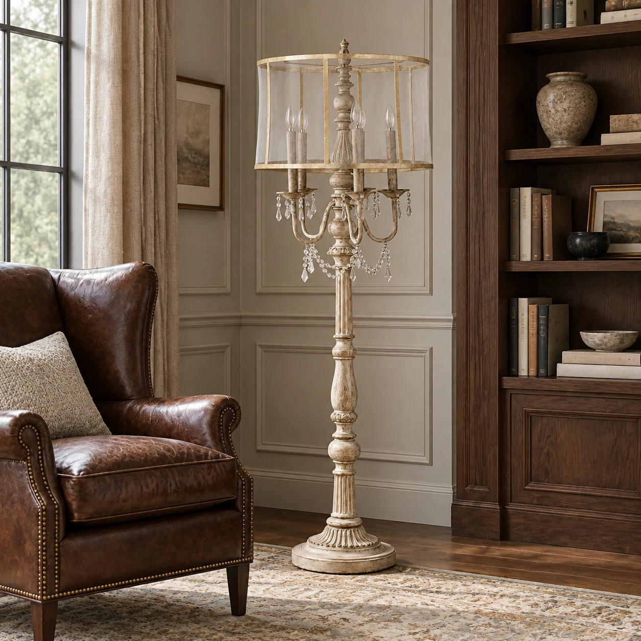 Five-light carved wood floor lamp in a paneled home library