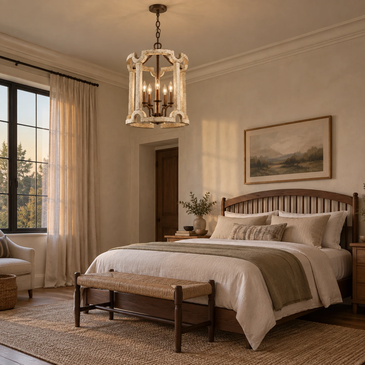 Carved wood birdcage chandelier above a bed in a softly lit bedroom