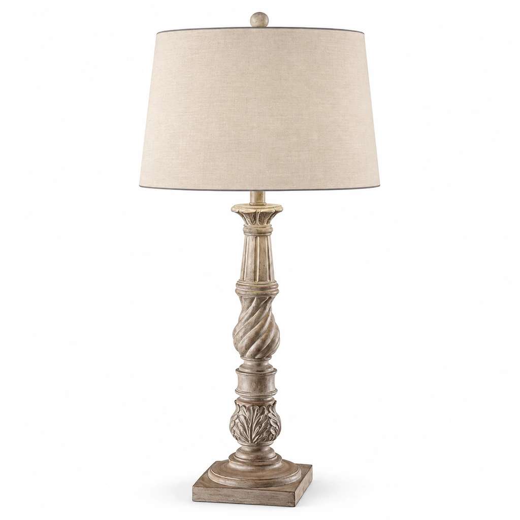 Elowen distressed light-wood table lamp on white