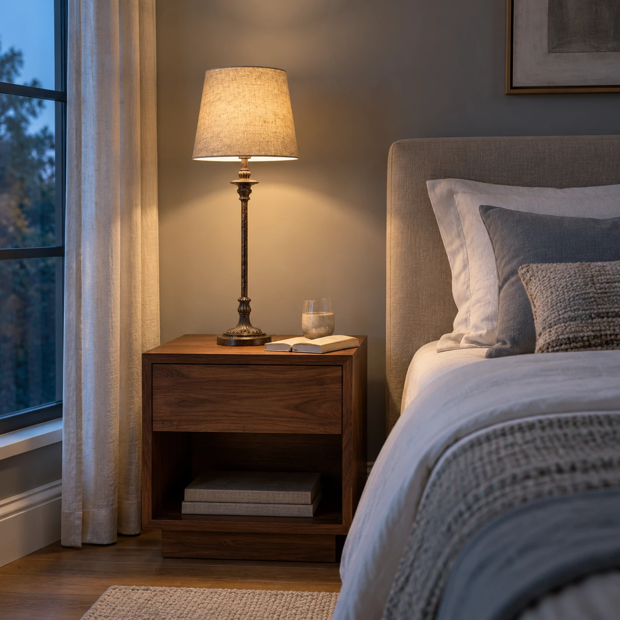 Tall carved wood table lamp beside a bed at blue hour