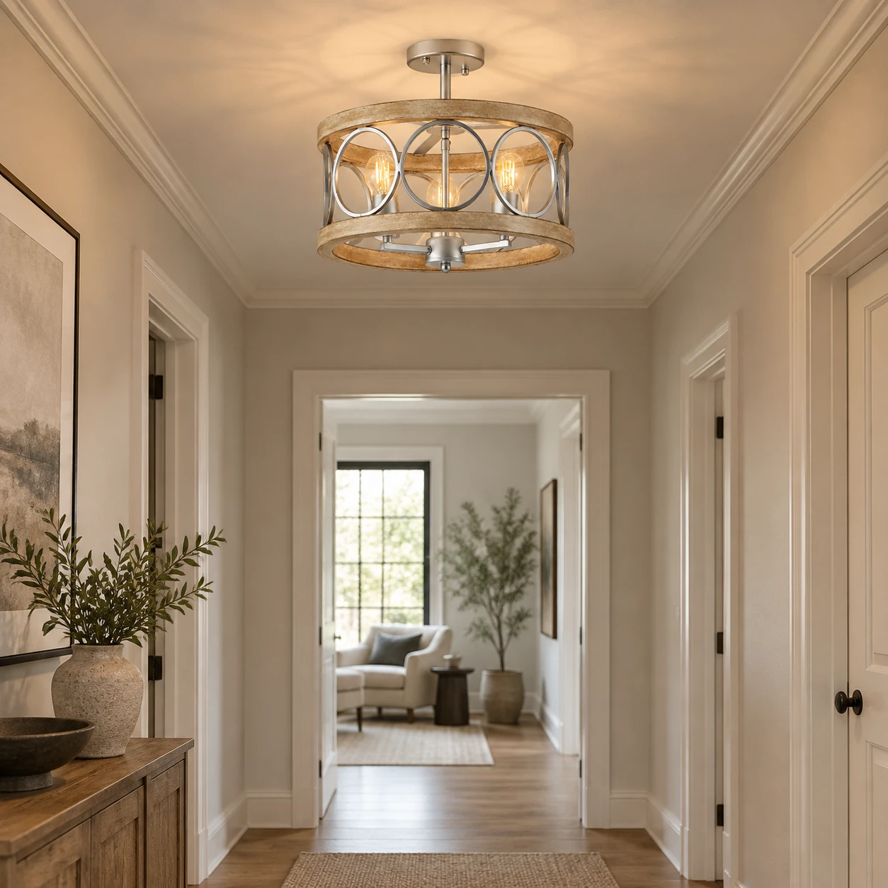 American Rustic Wood Lantern Ceiling Light in a small hotel corridor or landing with credible ceiling height