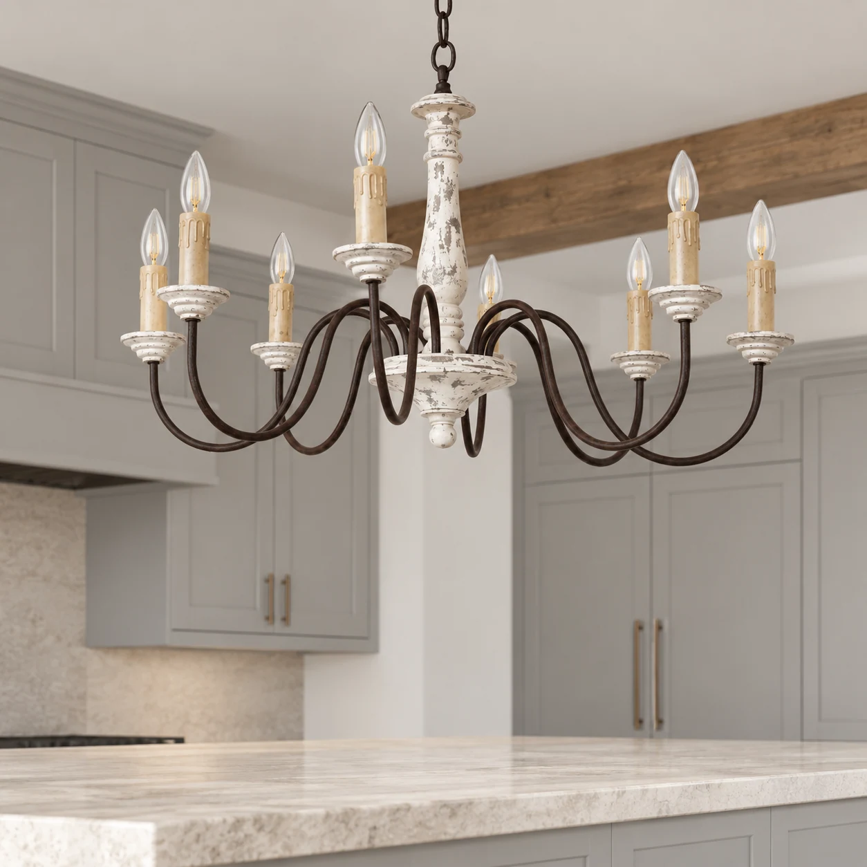 white a8 chandelier installed in an American room