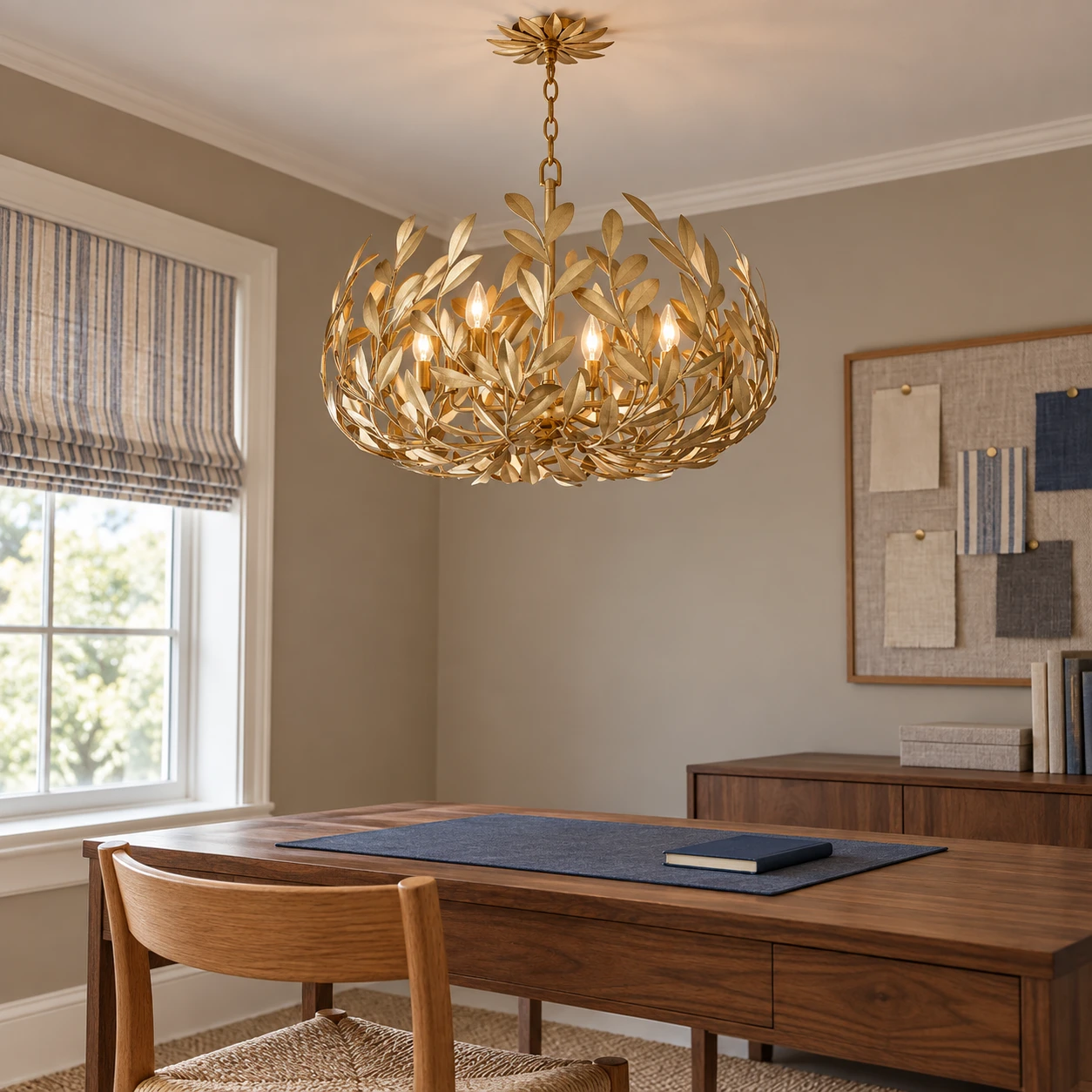 Elise French Leaf-Wreath Iron Chandelier — Gold leaf-wreath chandelier in a home office
