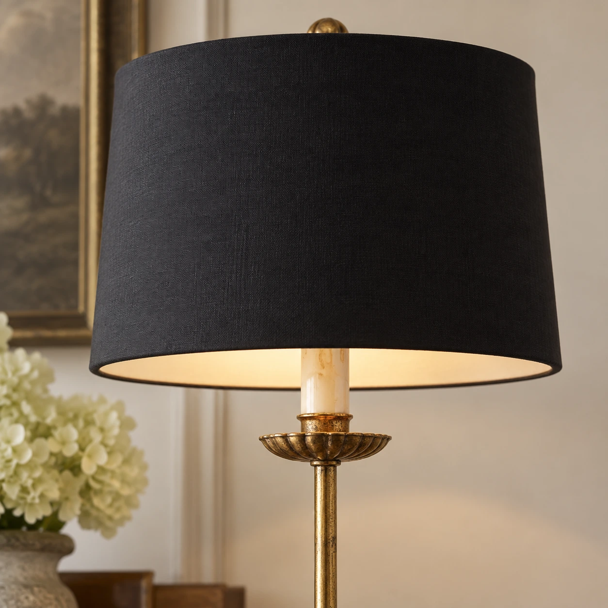 Fabric drum shade and aged iron collar detail