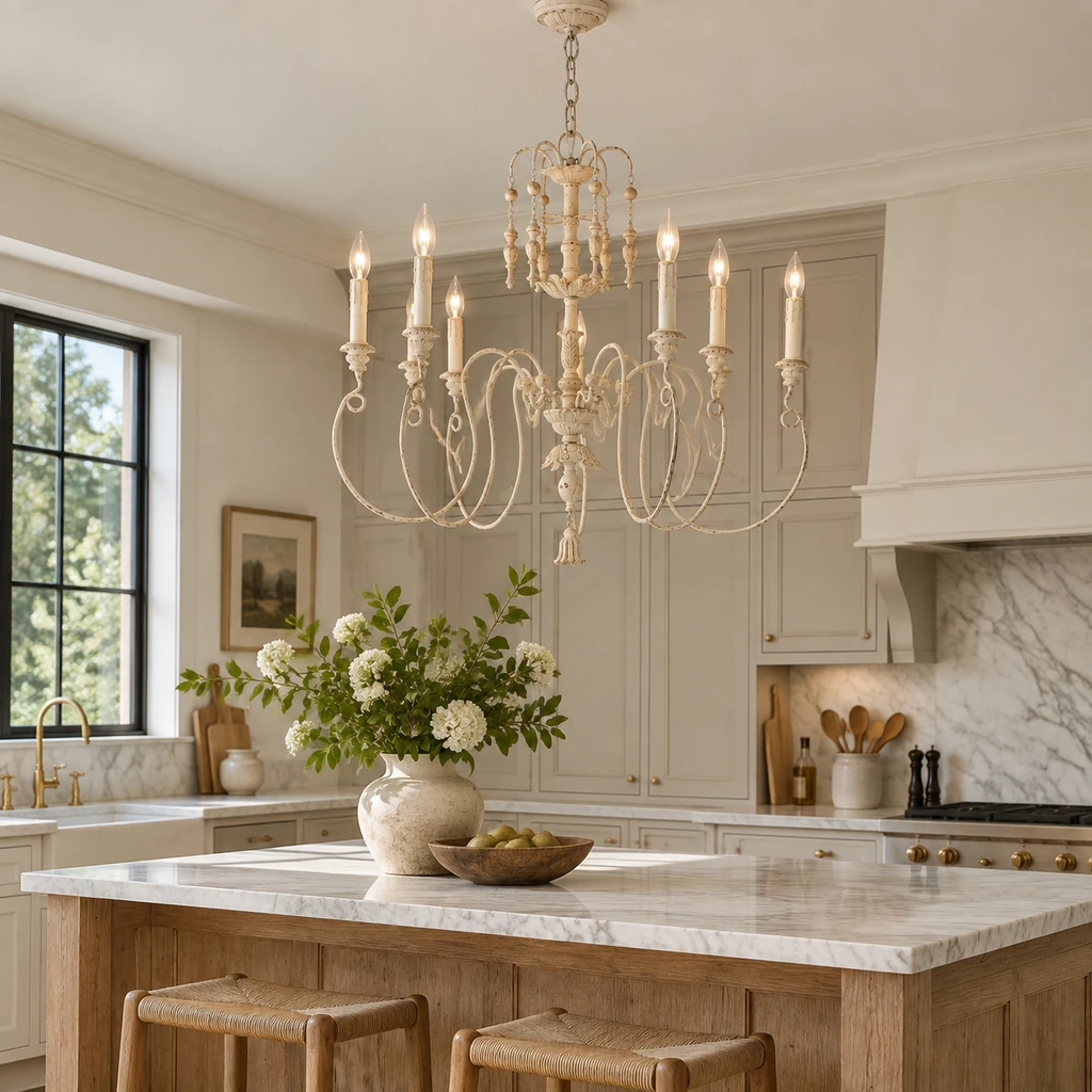 Carved wood chandelier above a light greige kitchen island