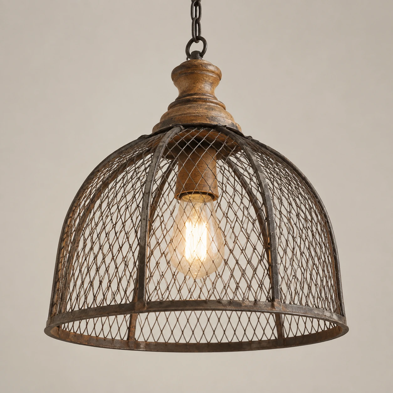 Clara Rustic Vintage Mesh Wood-and-Iron Pendant Light — 09 detail open cage