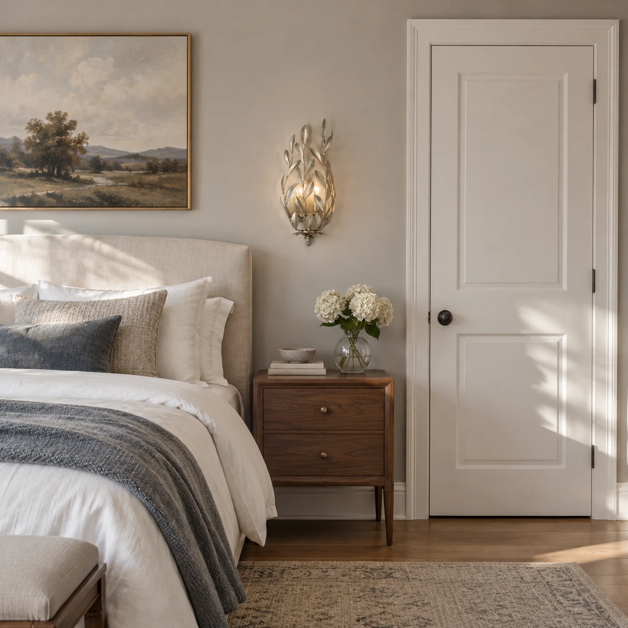 Elise silver leaf wall sconce beside a bed in an ordinary American bedroom