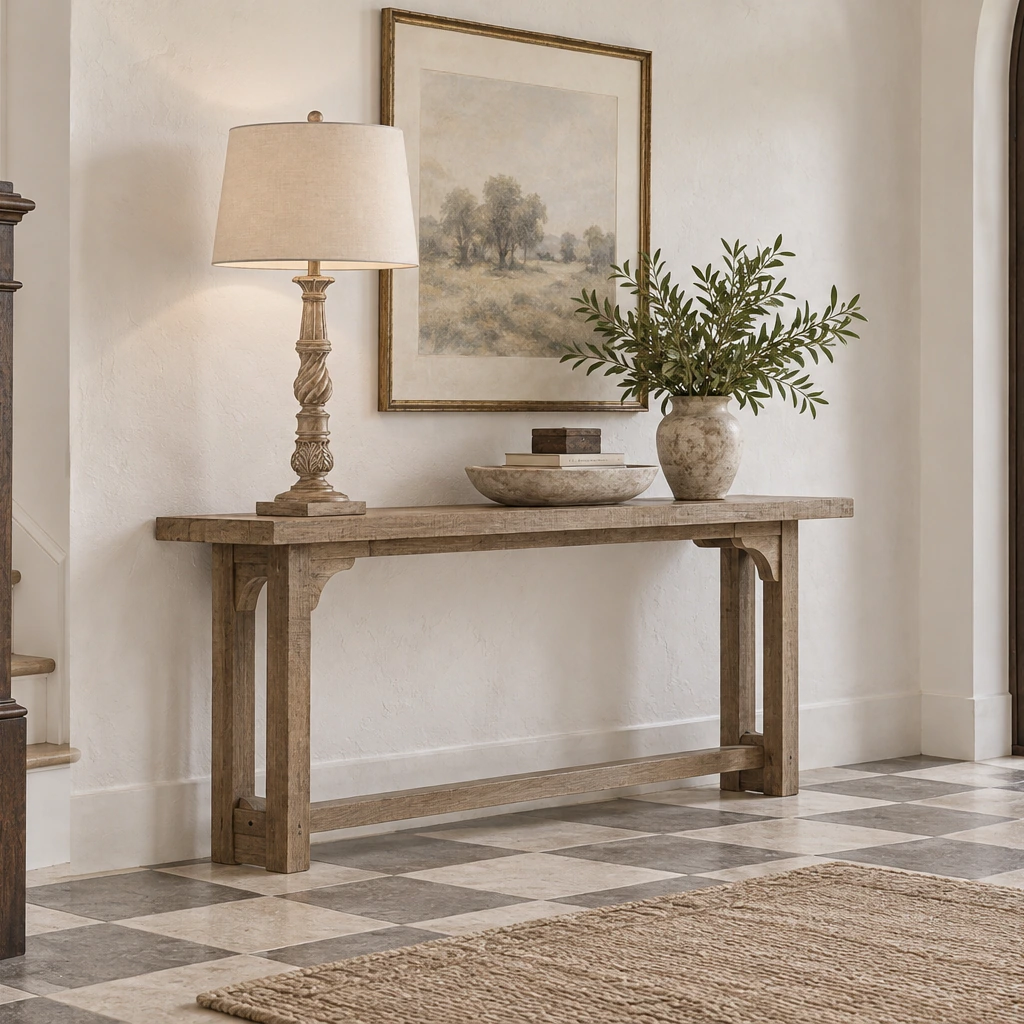 Elowen carved wood table lamp in a bright airy foyer