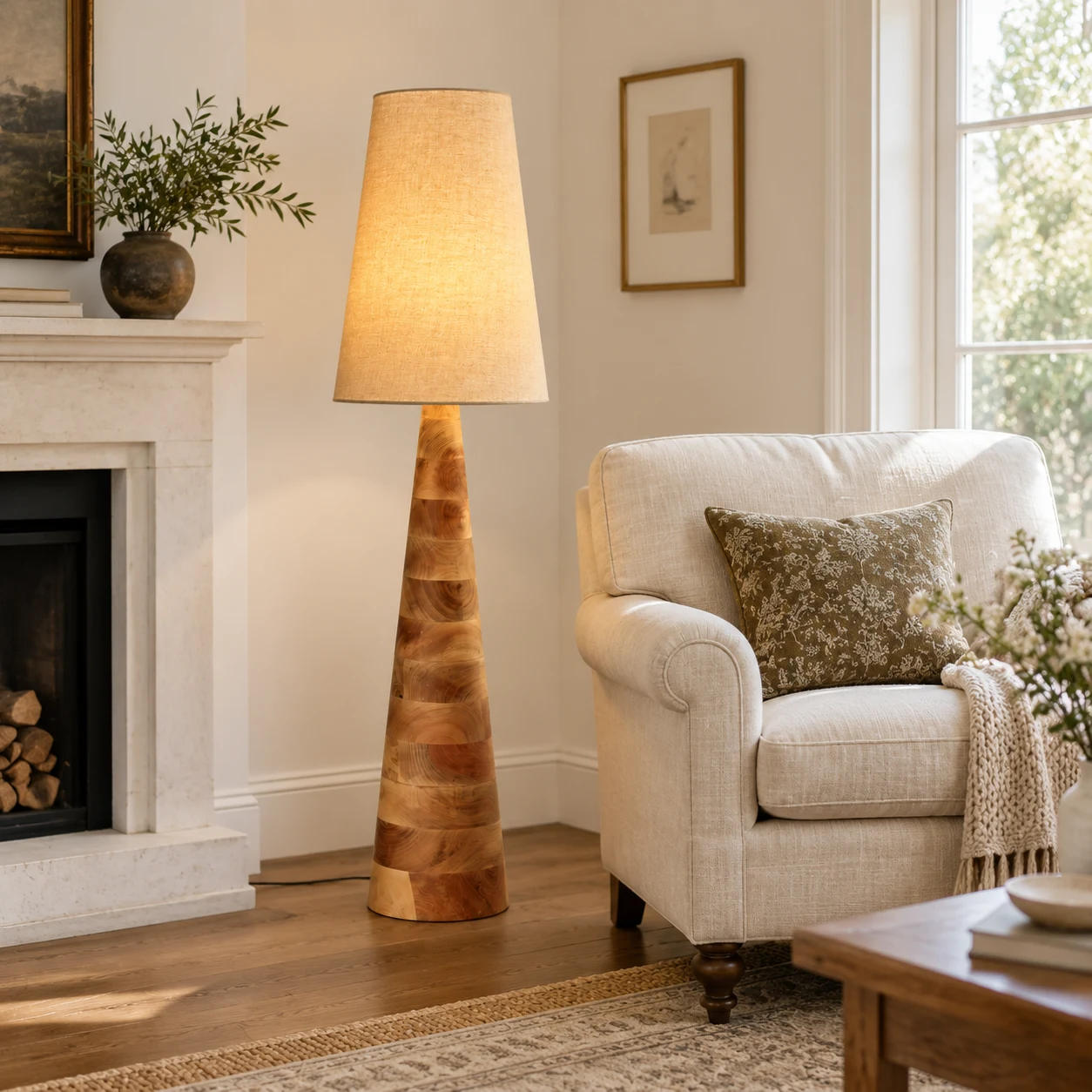Elodie wood floor lamp by a living-room reading chair