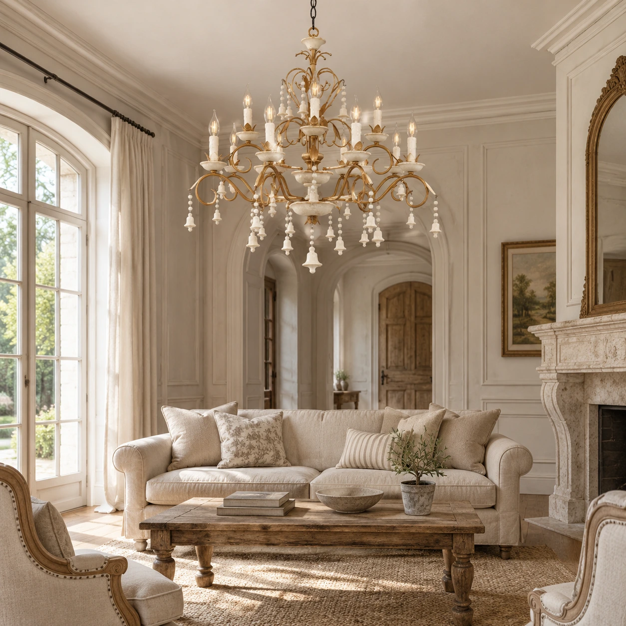 Lustre vintage blanc à 12 lumières dans un salon lumineux