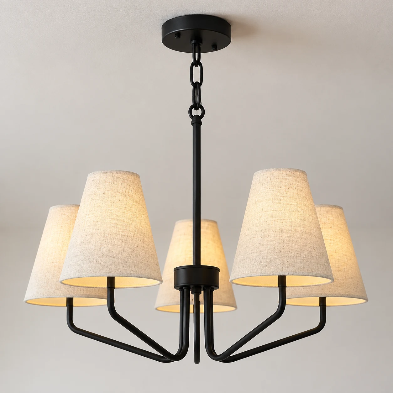 Lucia matte black chandelier canopy and suspension detail