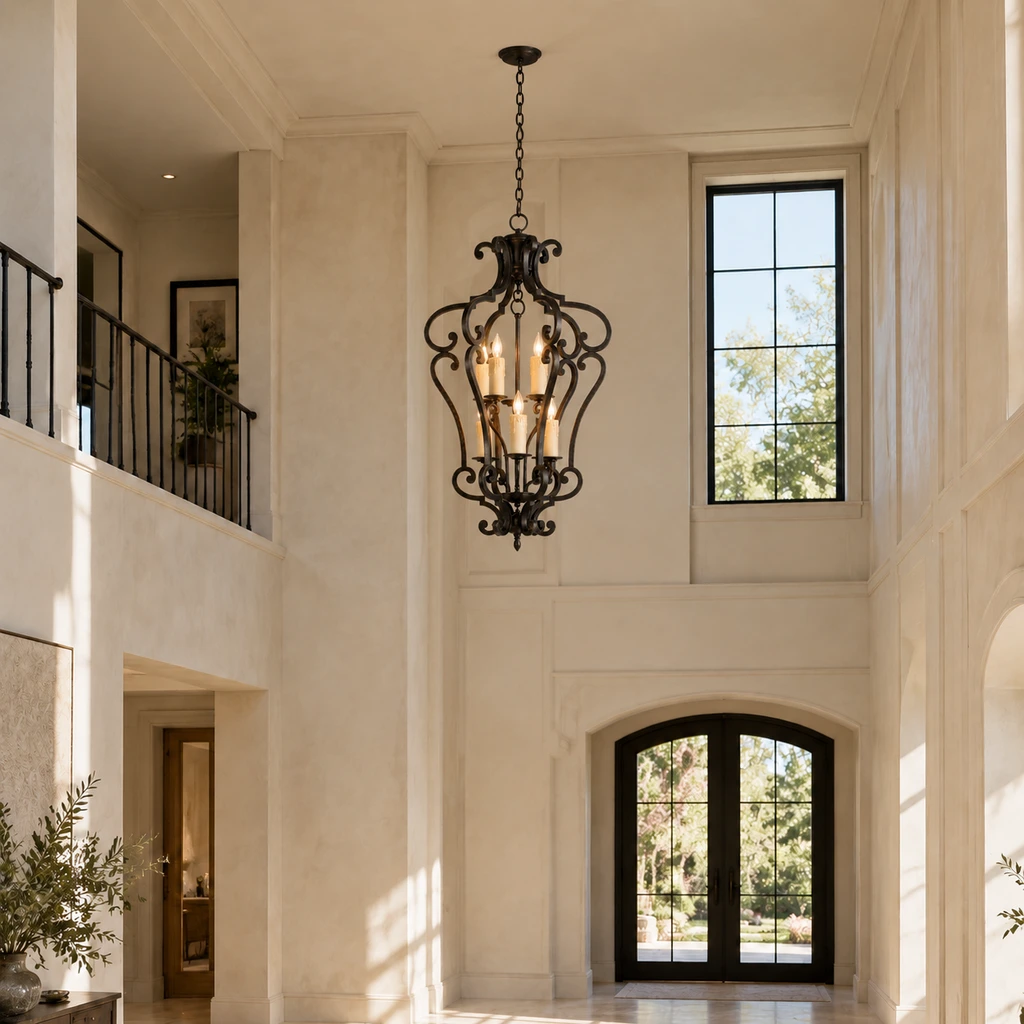 Harrow chandelier at a natural scale in a double-height entry atrium