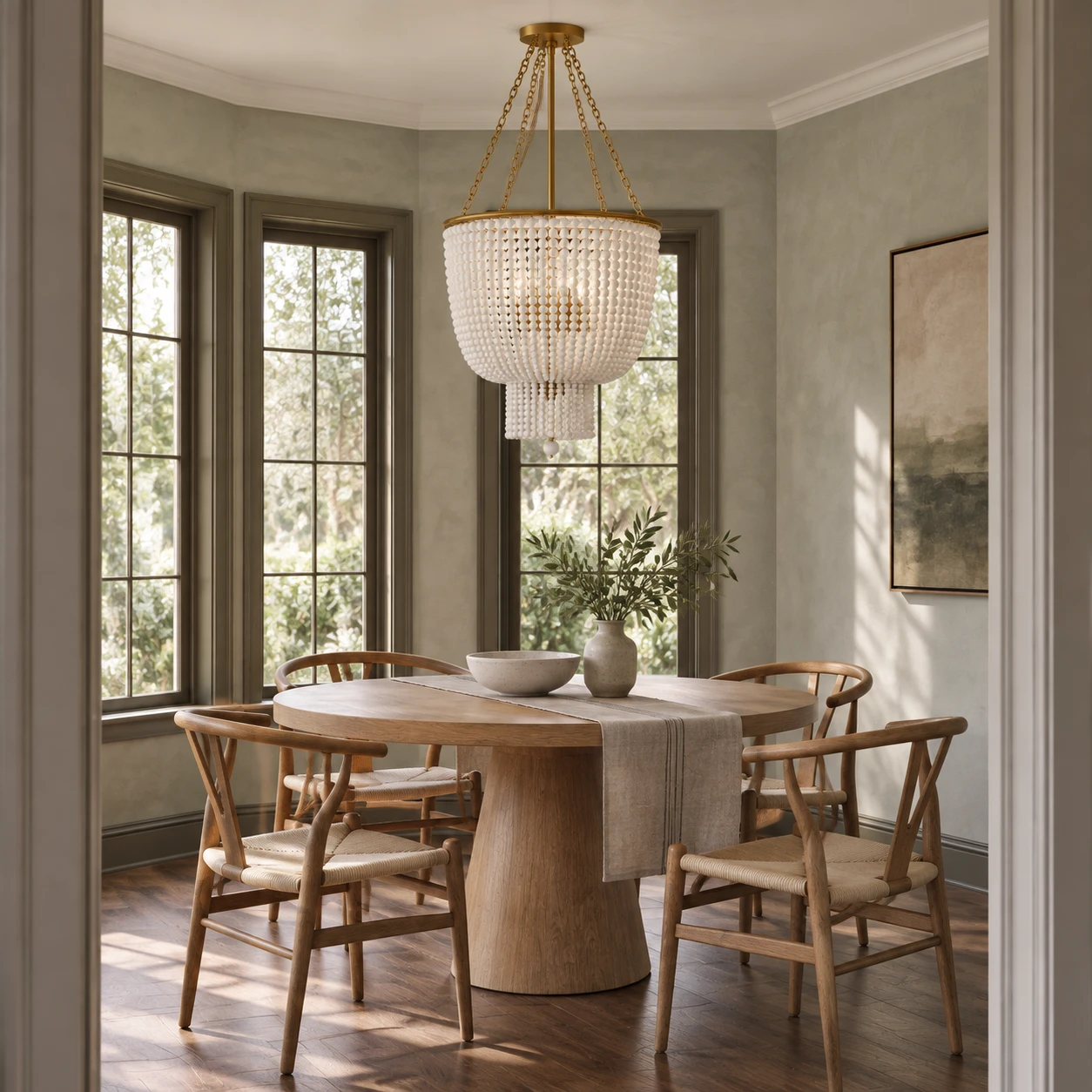 4-light wood bead chandelier over a compact dining table