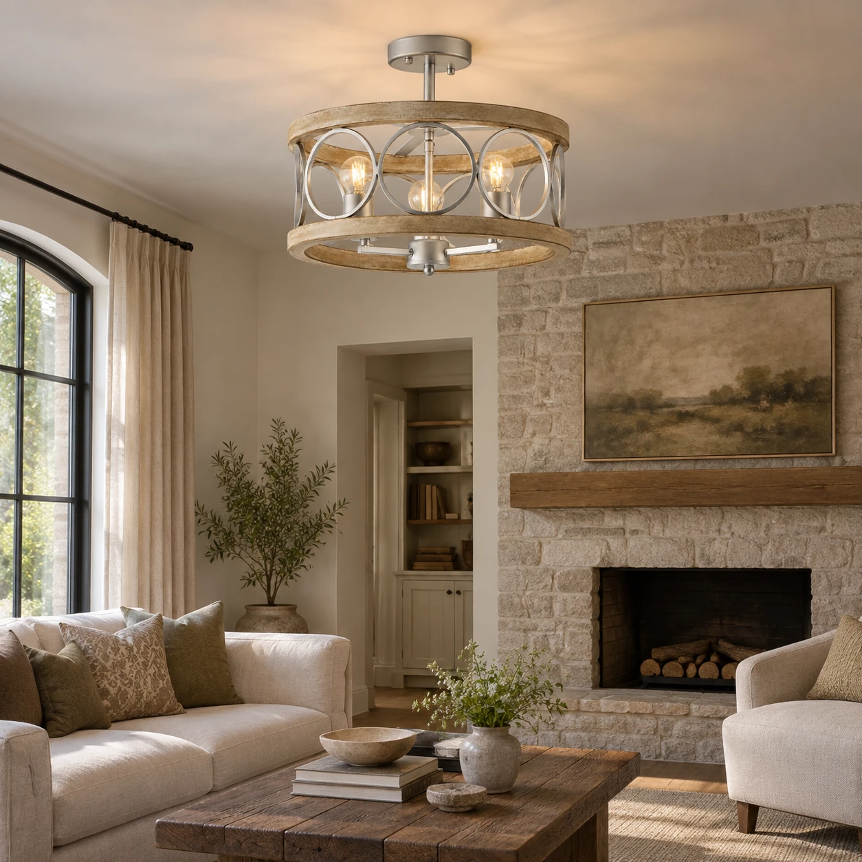American Rustic Wood Lantern Ceiling Light in a boutique hospitality lounge with stone, linen and restrained lighting