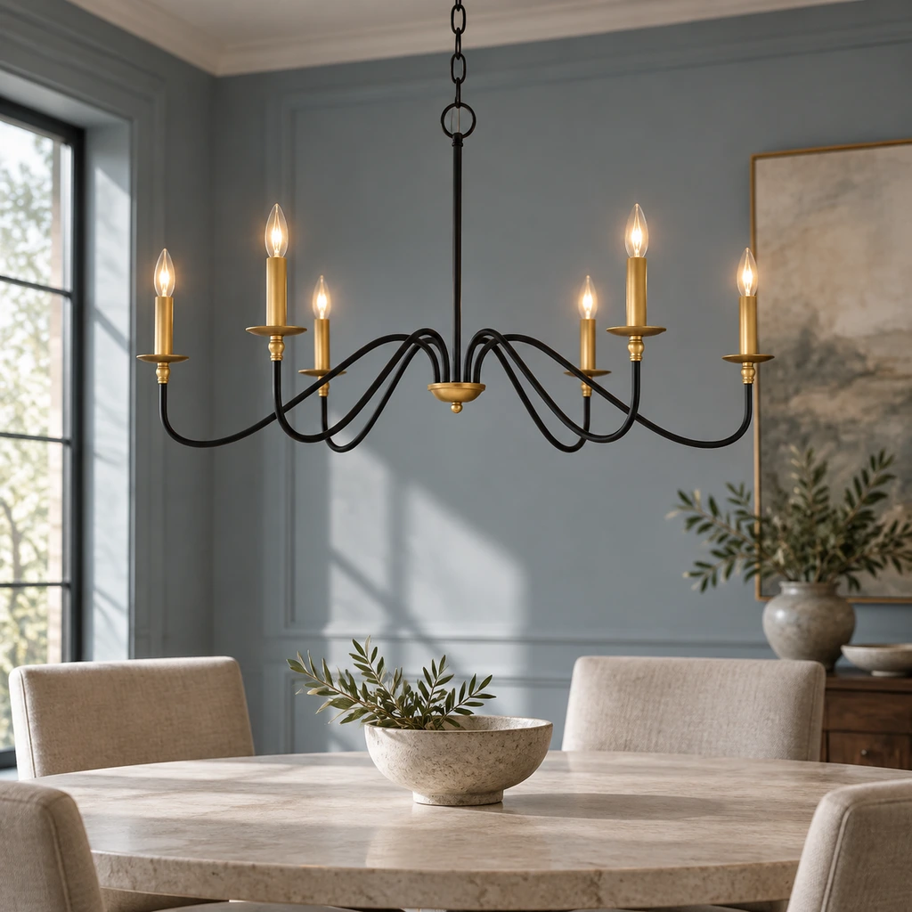 Arden black iron chandelier above a stone table in a blue-gray dining room