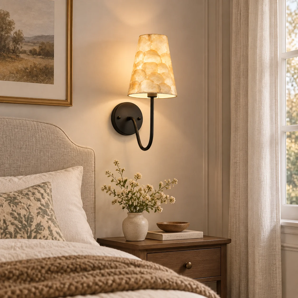 Matte black shell mosaic wall sconce mounted beside a bed