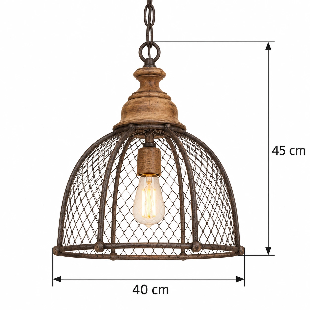 Clara Rustic Vintage Mesh Wood-and-Iron Pendant Light — 11 dimension alt