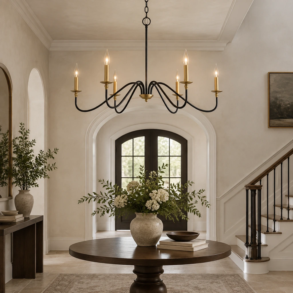 Arden chandelier suspended in a pale architectural entry foyer
