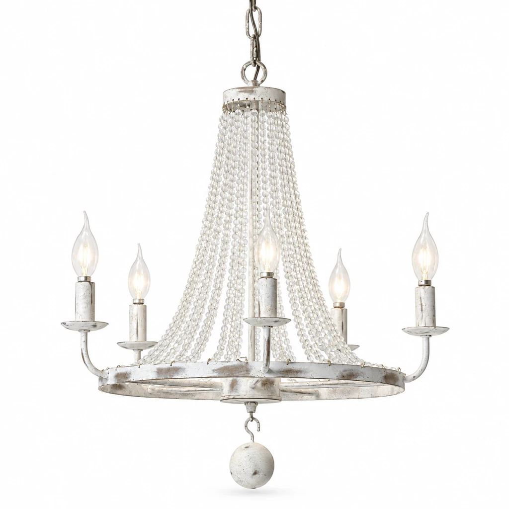 5-light French country crystal bead chandelier on white