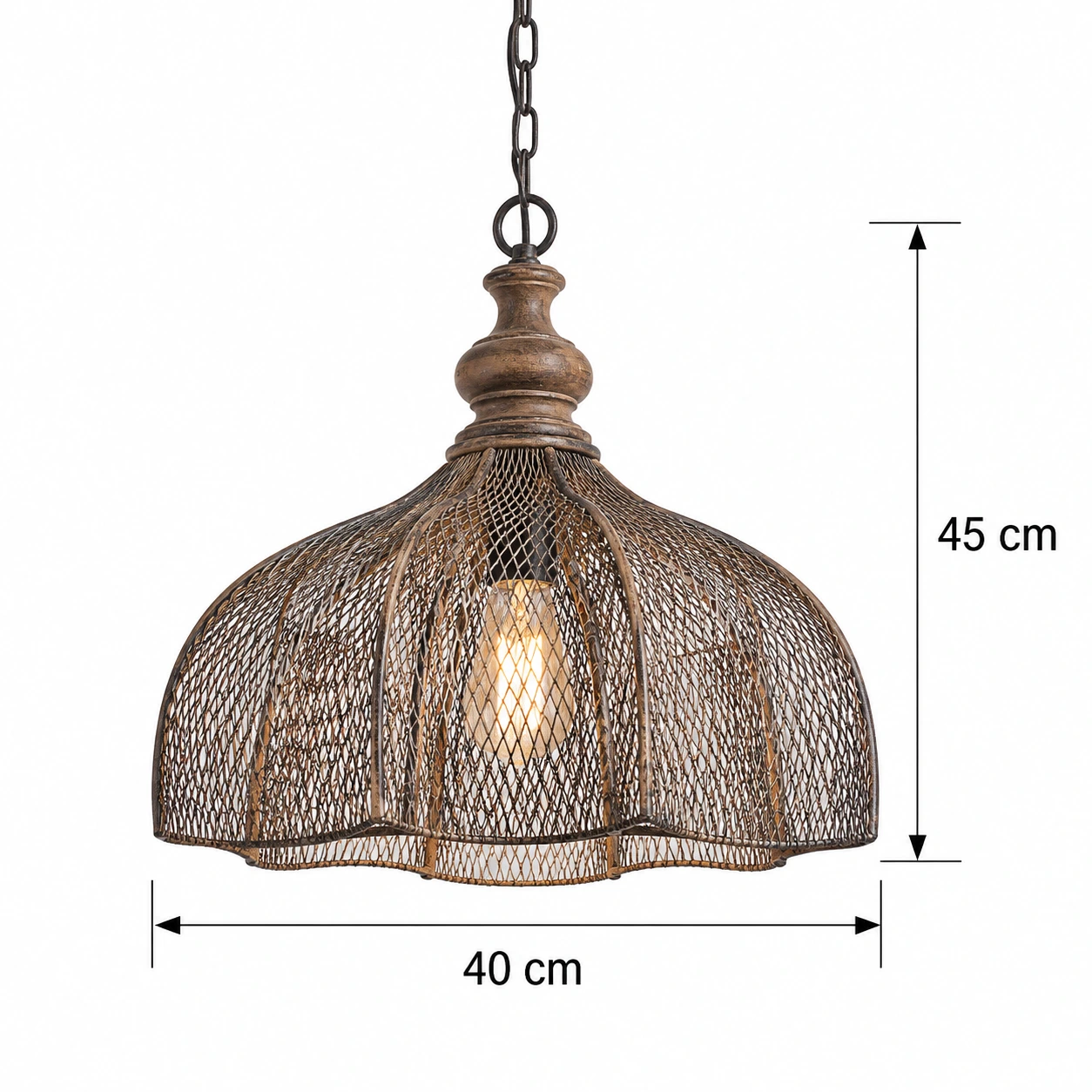 Clara Rustic Vintage Mesh Wood-and-Iron Pendant Light — 10 dimension