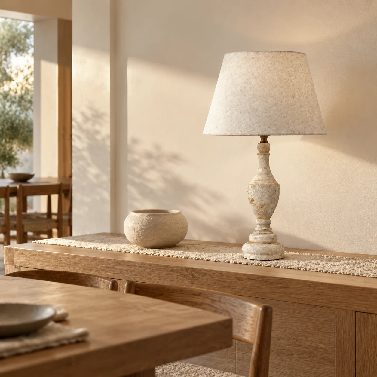 Antique white table lamp on a dining console