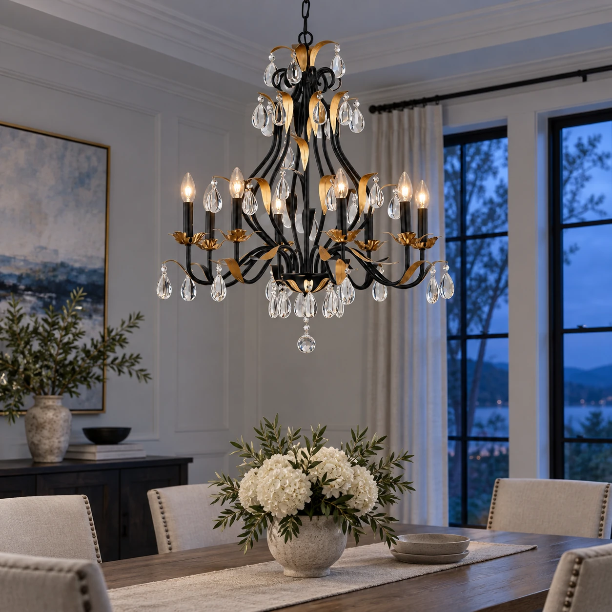 Crystal chandelier lit in an evening interior