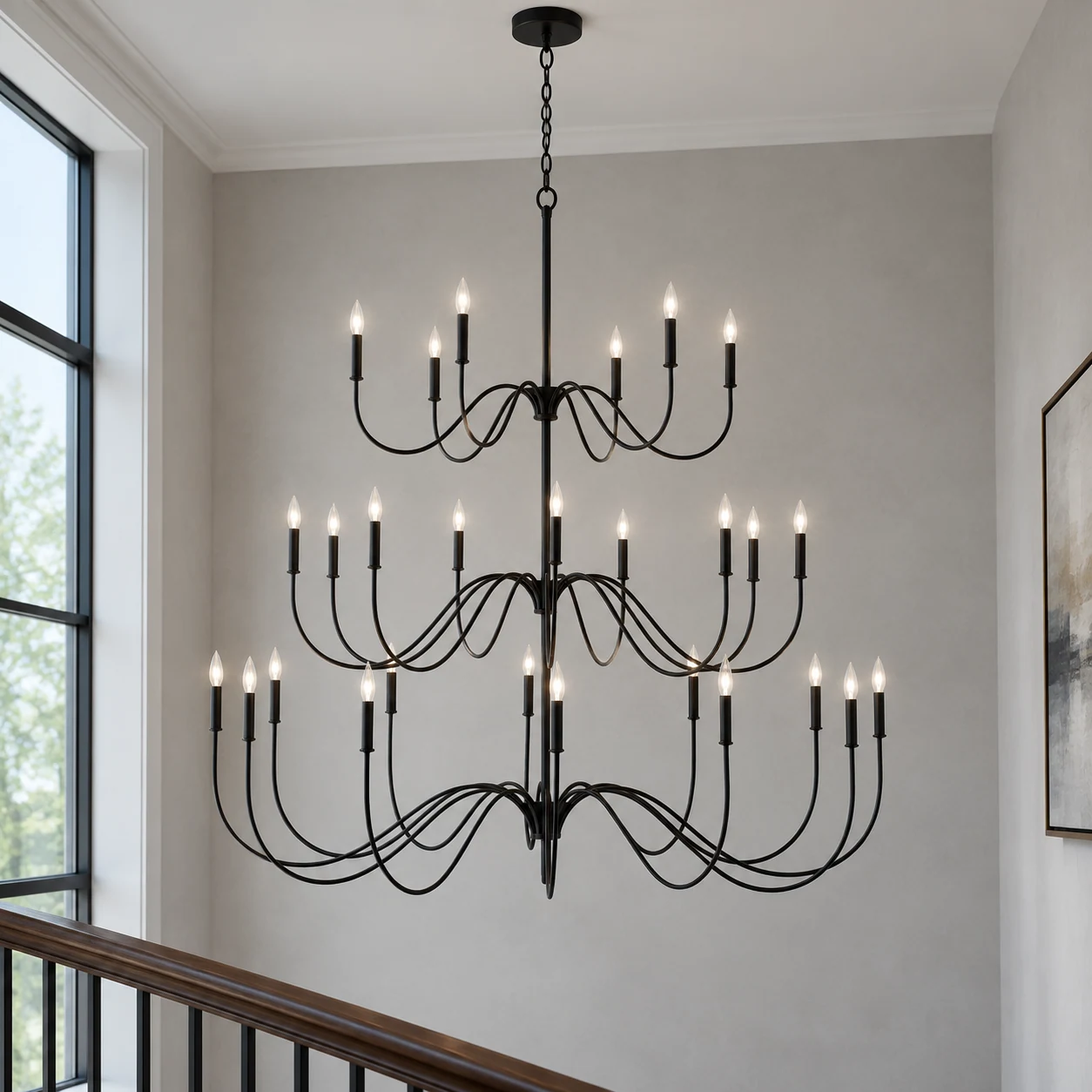 Mara Vintage Curved-Arm Iron Chandelier, scene 27 stair v2