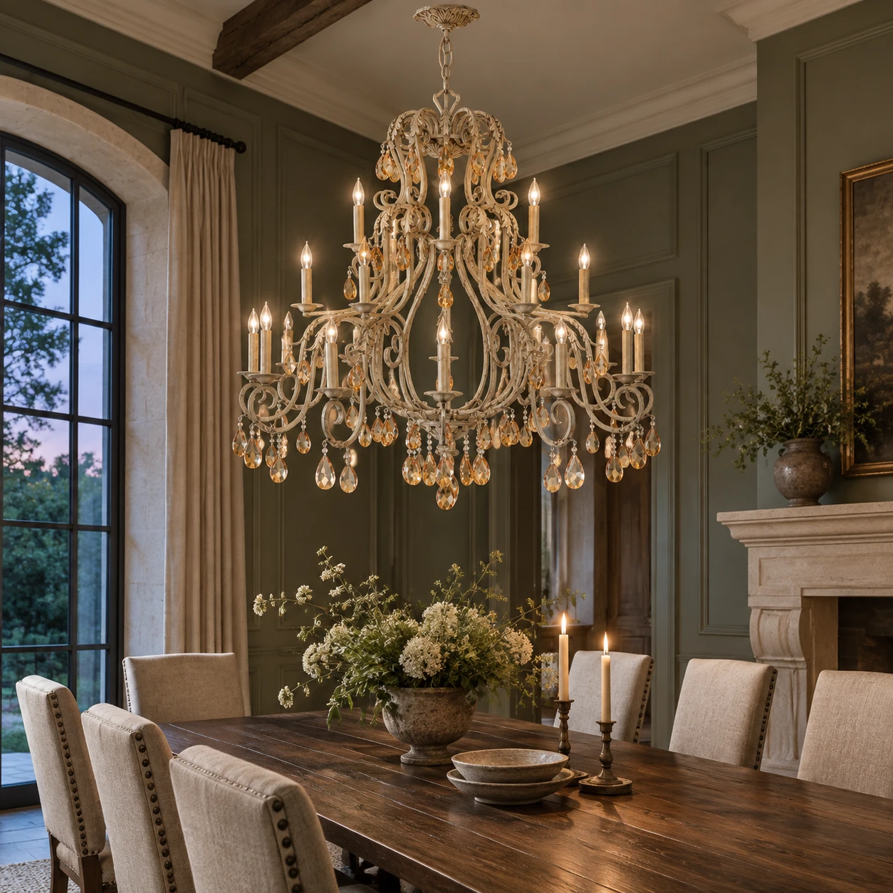 Eliza vintage iron and crystal 21-light chandelier in a tall dining room
