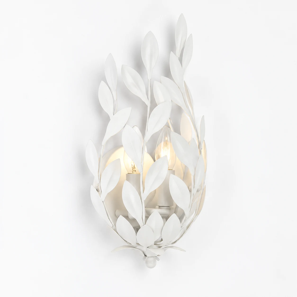 Elise leaf-branch iron wall sconce in white finish on white