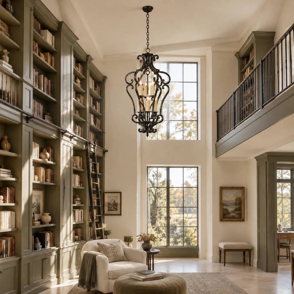 Harrow chandelier in a double-height library gallery with flush ceiling canopy