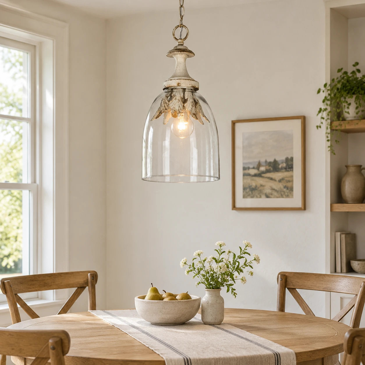 Avery Rustic Bell-Shade Iron Pendant Light — Bell-shade glass pendant above an oak breakfast table